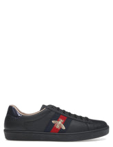 Guccii black leather ace embroidered bee low