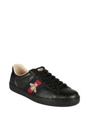 Guccii black leather ace embroidered bee low
