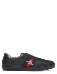 Guccii black leather ace embroidered bee low